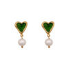 heart earrings with pearls and green transparent enamel