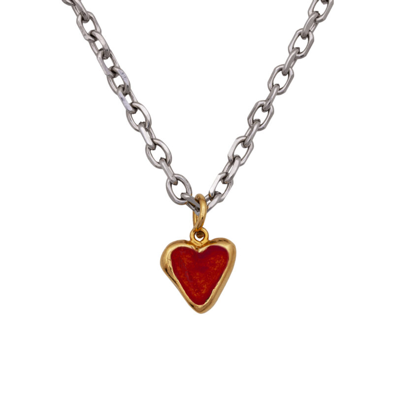 heart with enamel. Happy pendant. Hand enameled flower and happy face. Each face is hand-painted and each is different, which makes the design unique. Chain made of gold-plated stainless steel. Clasp made of gold-plated silver, pendants made of gold-plated brass.