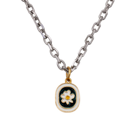 camomile flower pendant. Iconic flower worn by Rose from black pink. K pop star. On black background white flower medalion hanging on steel chain. Unisex