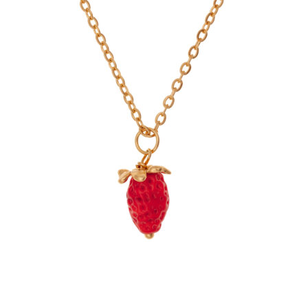 red wild strawberry pendant hanging on goldplated chain