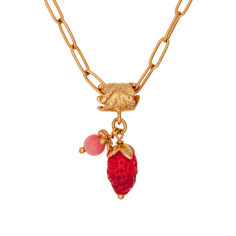 wild strawberry pendant with coral ball. Hanging on chain. All goldplated