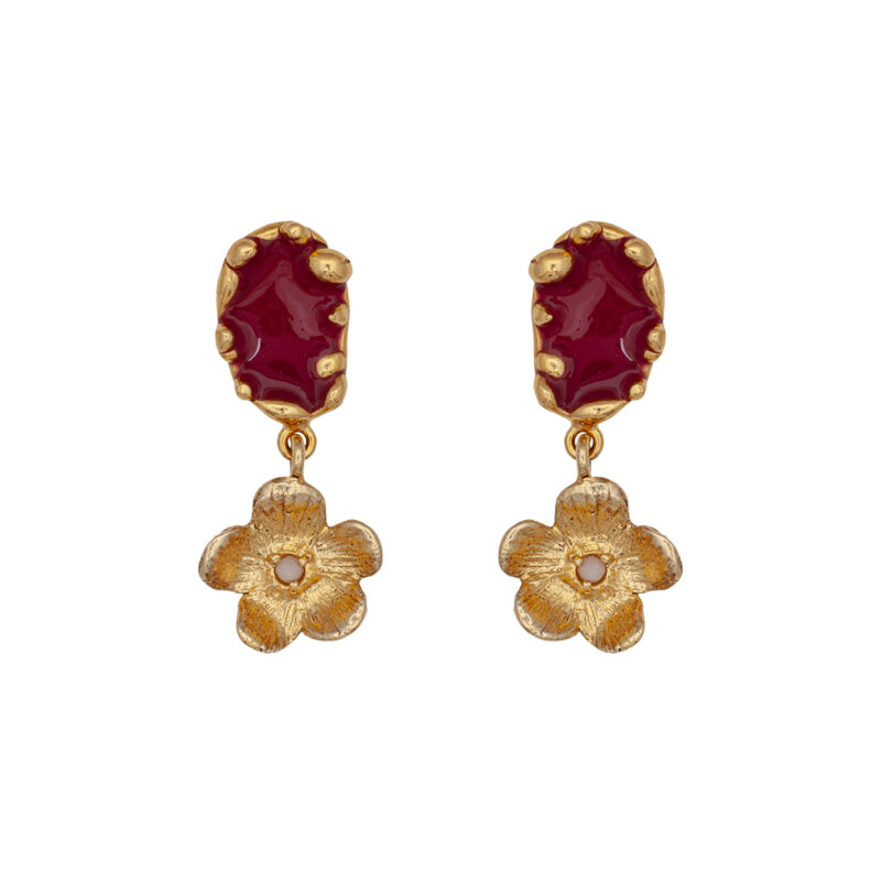 burgundy enameled earrings with flowers