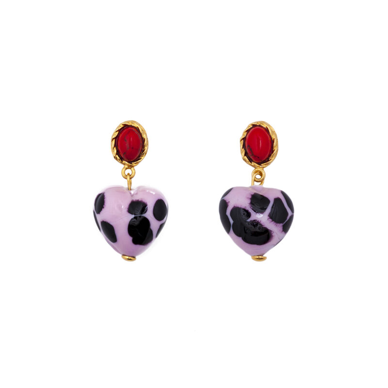 murano glass hearts with black dots and coral