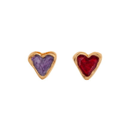 two hearts red and violet . Goldplated earrings