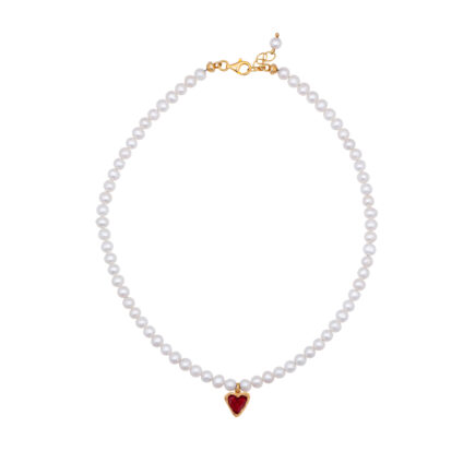 Pearls and red enameled heart necklace