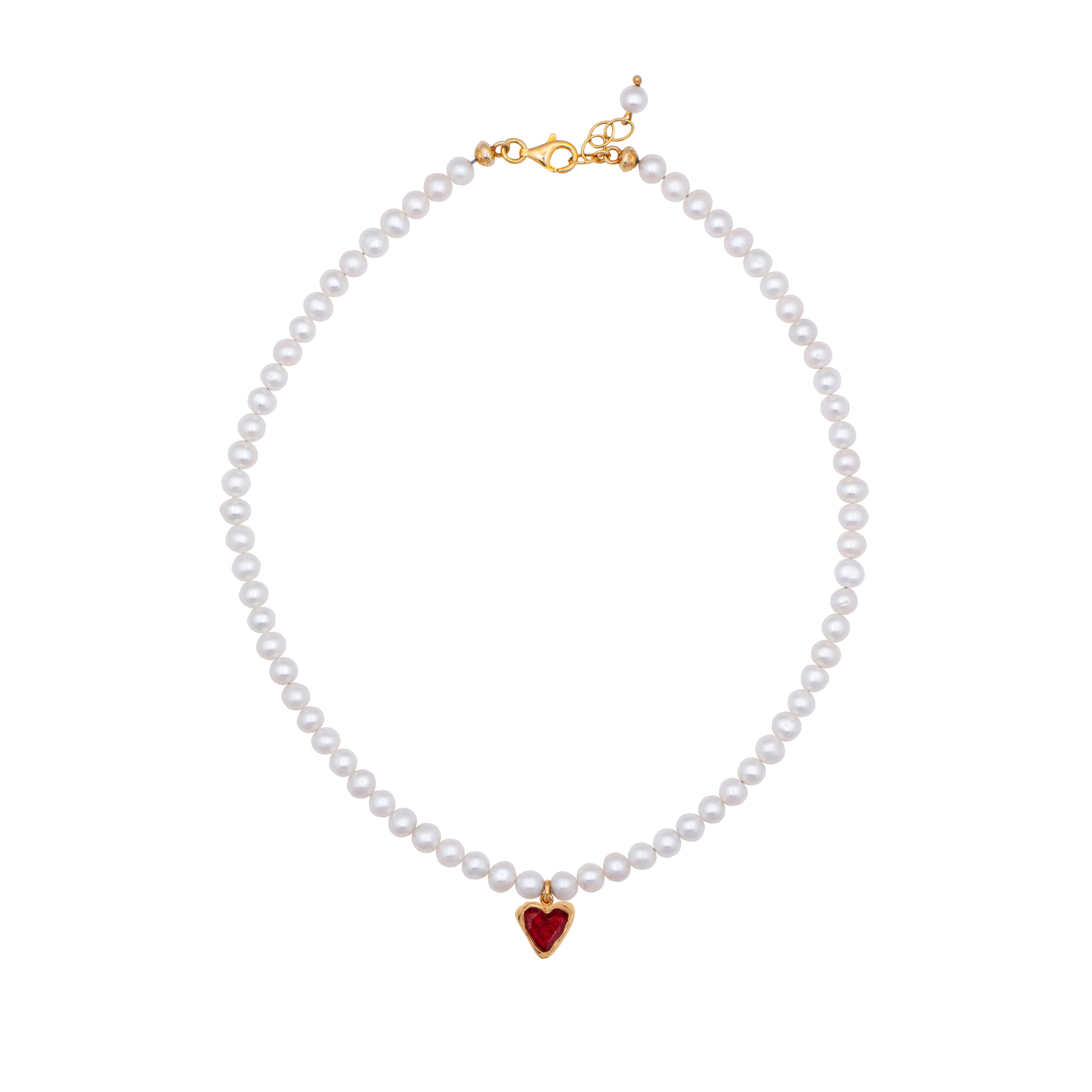 Pearls and red enameled heart necklace